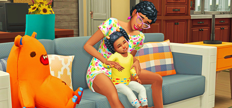 Mommy and Toddler laughing on couch (The Sims 4)