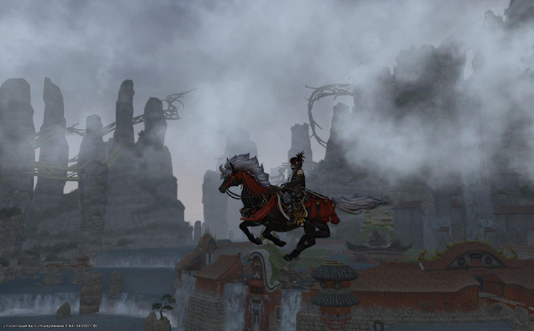 Juedi soars over the ruins of Doma Castle along The Dairyu Moon Gates (FFXIV)