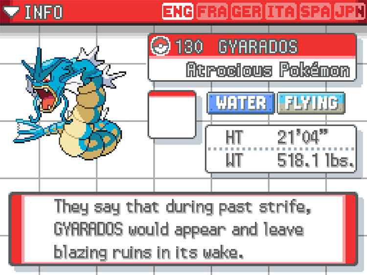 Gyarados Pokedex in Pokemon HeartGold