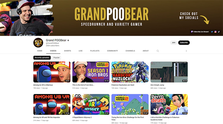 GrandPooBear YouTube channel page screenshot