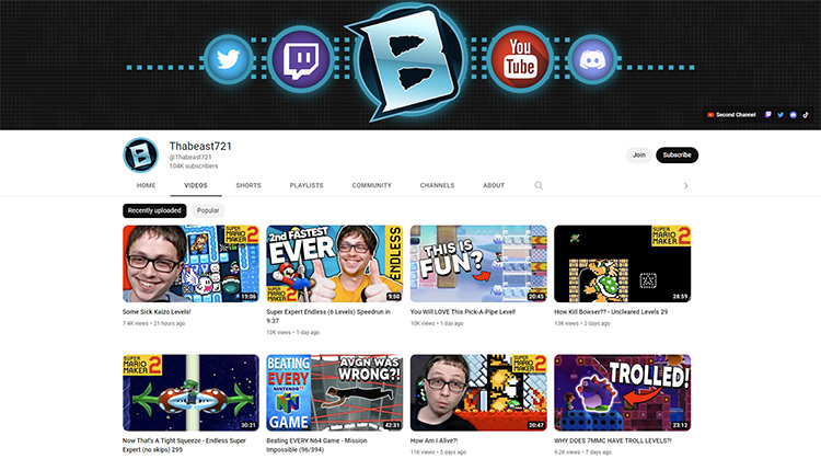 ThaBeast721 YouTube channel page screenshot