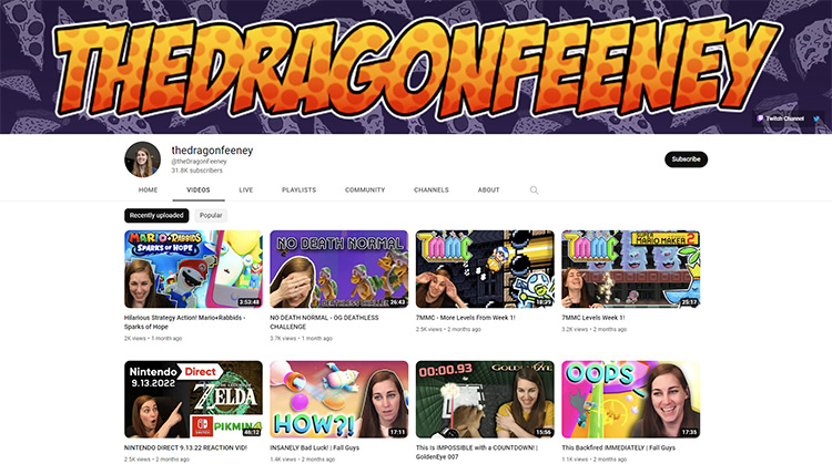 TheDragon1Feeney YouTube channel page screenshot
