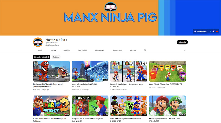 Manx Ninja Pig YouTube channel page screenshot