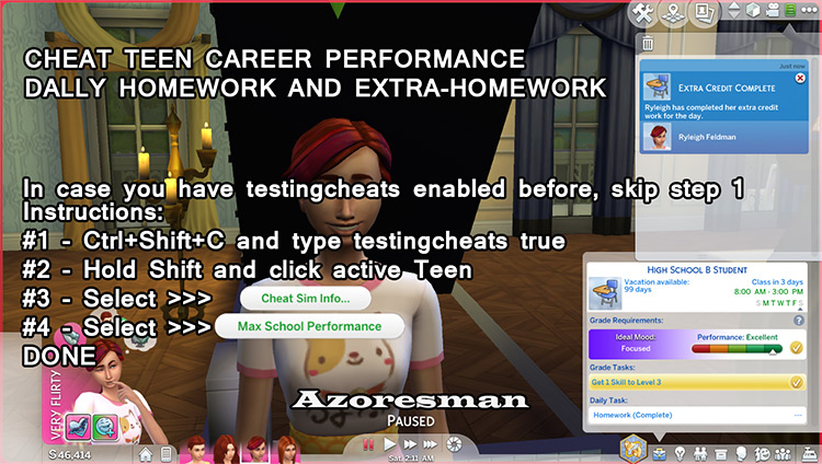 Cheat Teen HighSchool Performance and Homework Fully Done for the Day Mod by azoresman Sims 4