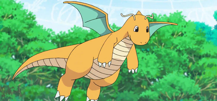 Dragonite flying in the Pokemon anime