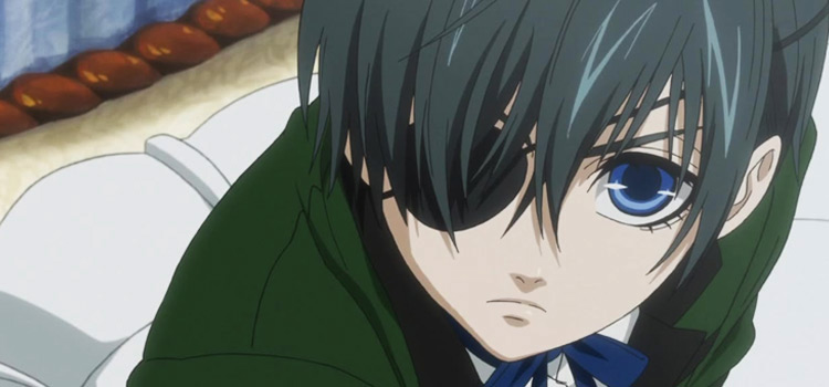 anime boy with blue eyes and black hair staring at the camera