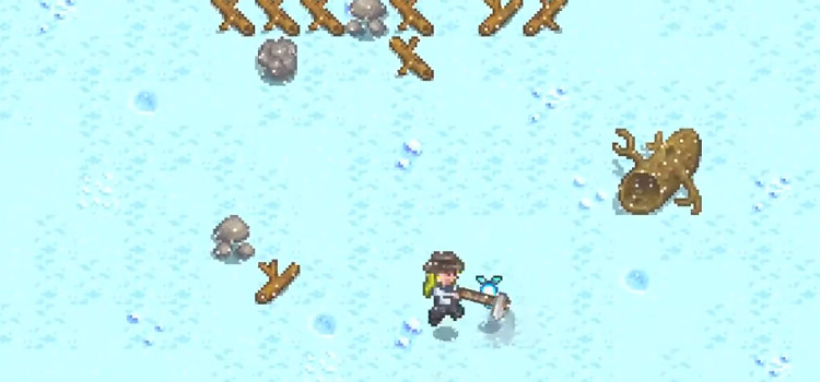 Tilling a wild snow yam in winter (Stardew Valley)