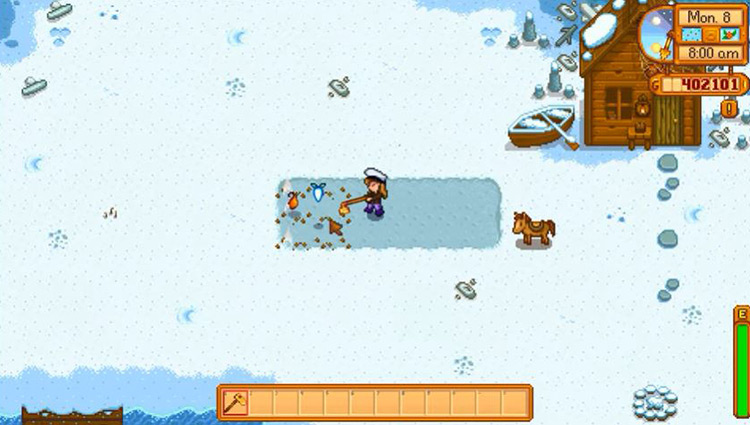 Digging up a snow yam in winter / Stardew Valley