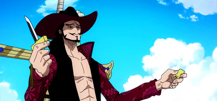 Mihawk Swordsman holding tiny sword in One Piece Anime