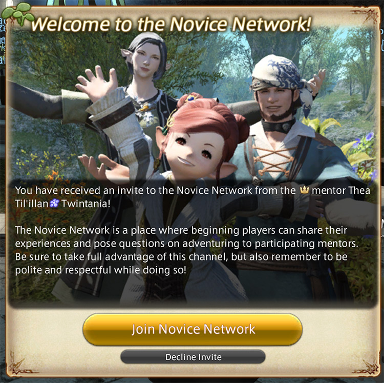 'Welcome To The Novice Network' Notification Screenshot (FFXIV)