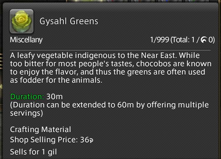 Gysahl Greens Item Menu in FFXIV