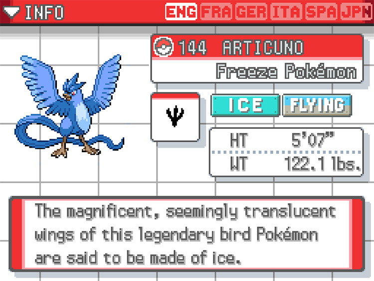 Articuno Pokedex in Pokemon HeartGold