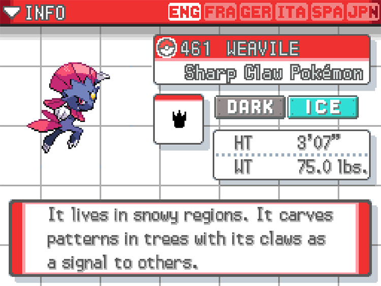 Weavile Pokedex in Pokemon HeartGold