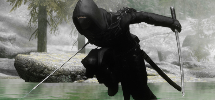 Ninja wearing all-black attire in Skyrim (Pose Screenshot)