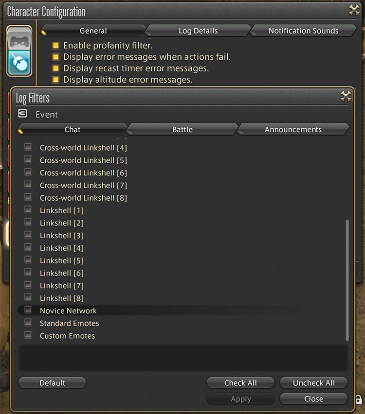 Settings to hide Novice Network chat / FFXIV