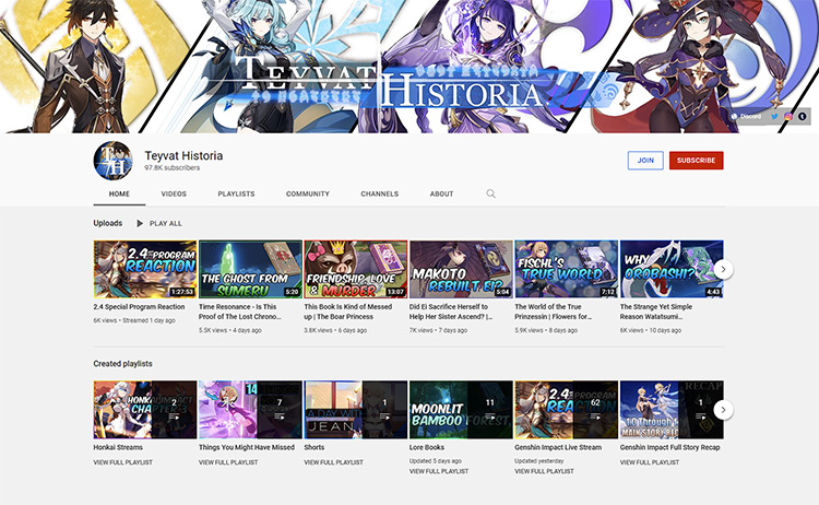 Teyvat Historia YouTube channel page screenshot