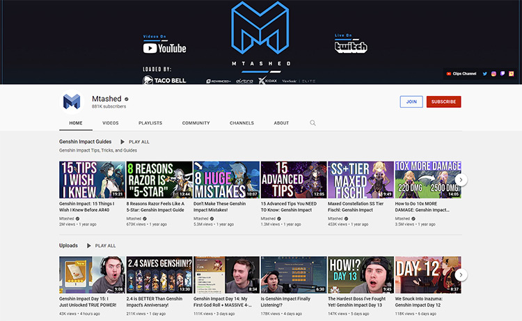 Mtashed YouTube channel page screenshot