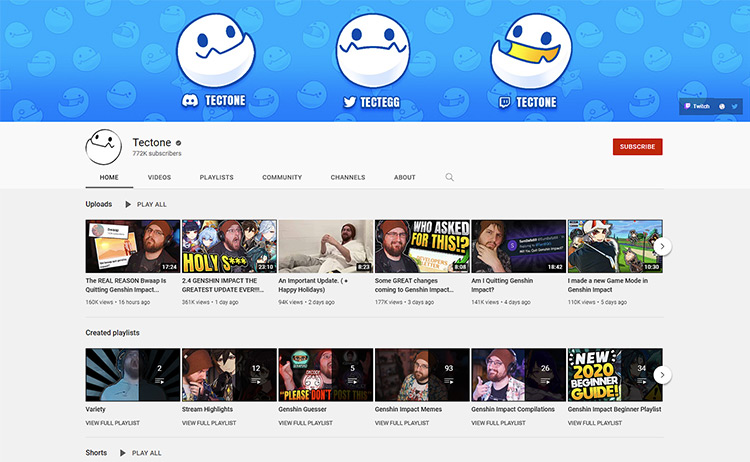 Tectone YouTube channel page screenshot