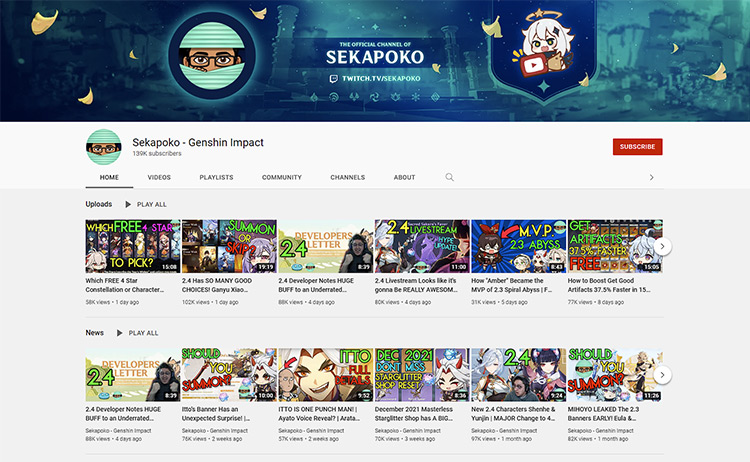 Sekapoko YouTube channel page screenshot