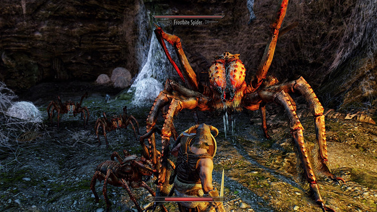 A giant Frostbite Spider at Cronvangr Broodlair / Skyrim