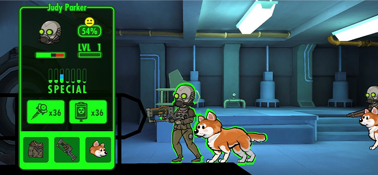 A dweller at medium happiness with low health and radiation poisoning / Fallout Shelter