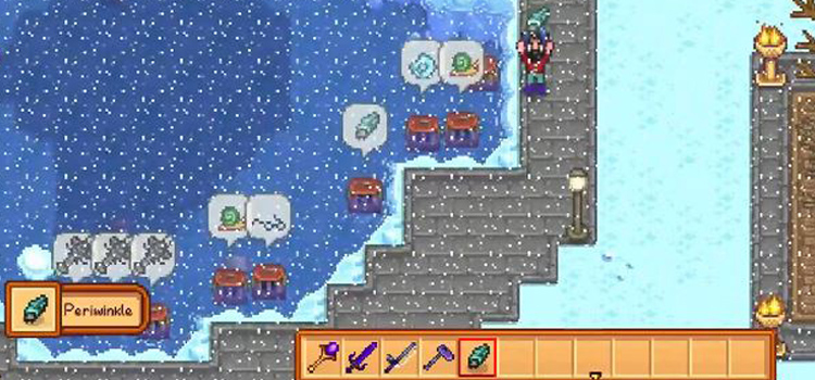 Holding periwinkle during winter (Stardew Valley)