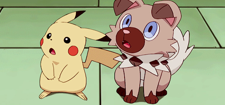 Rockruff sitting with Pikachu in the anime