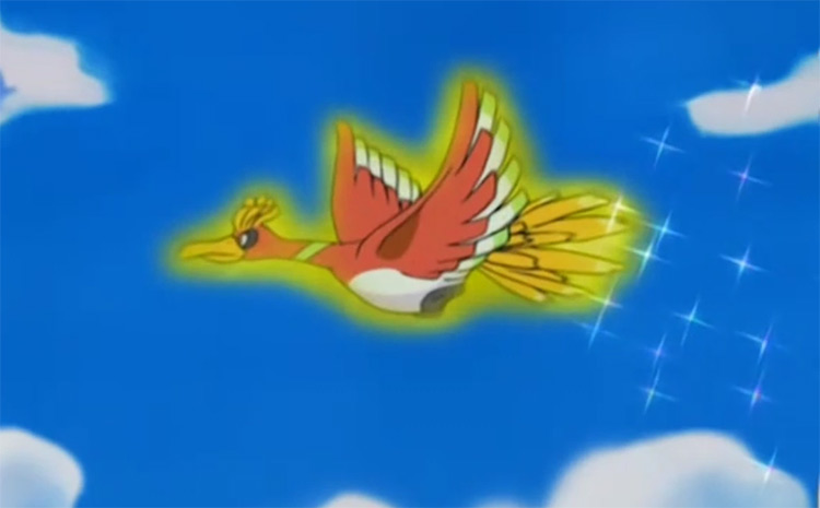 Ho-Oh legendary bird, flying in the Pokemon anime