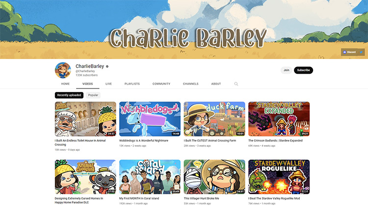 CharlieBarley YouTube channel page screenshot