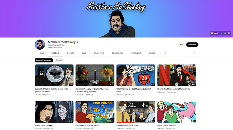 Matthew McCleskey YouTube channel page screenshot