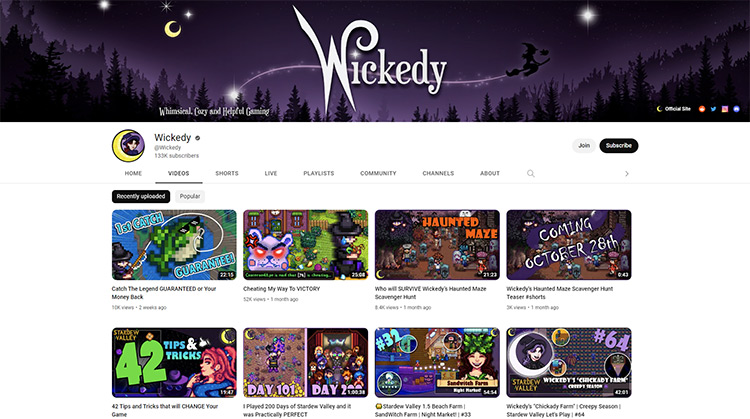 Wickedy YouTube channel page screenshot