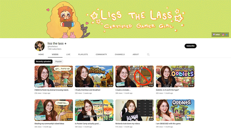 LissTheLass YouTube channel page screenshot