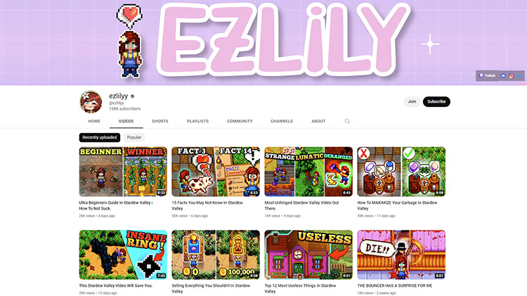 EZLILY YouTube channel page screenshot