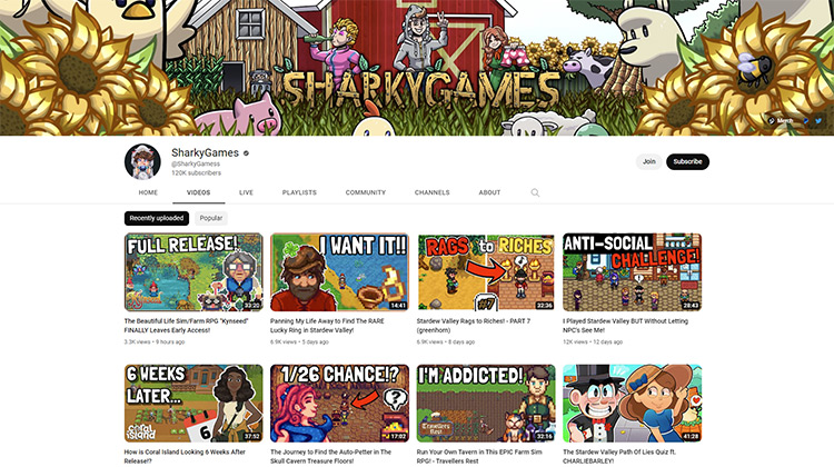 SharkyGames YouTube channel page screenshot