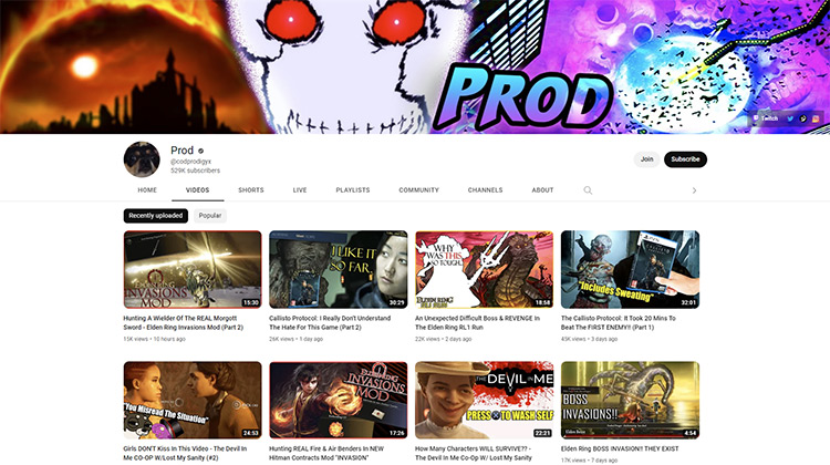 Prod YouTube channel page screenshot