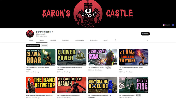 Baron's Castle YouTube channel page screenshot