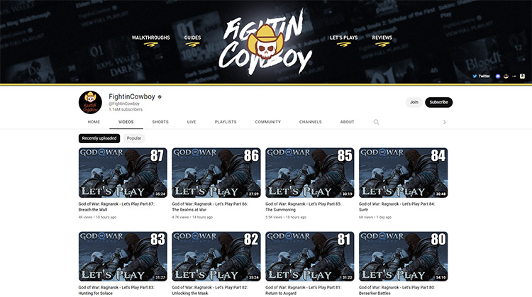 FightinCowboy YouTube channel page screenshot