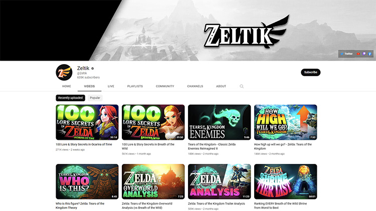 Zeltik YouTube channel page screenshot