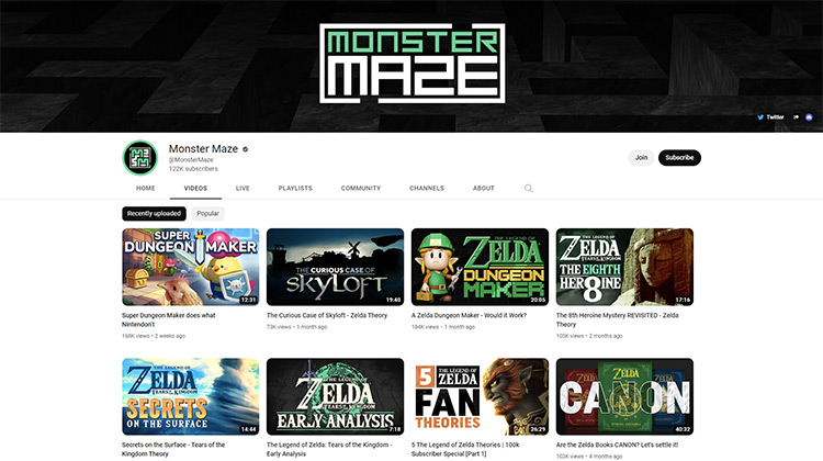 Monster Maze YouTube channel page screenshot