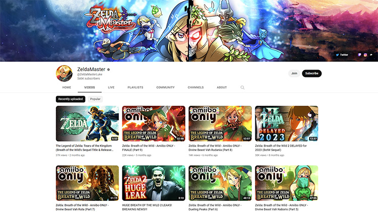 Zelda Master YouTube channel page screenshot