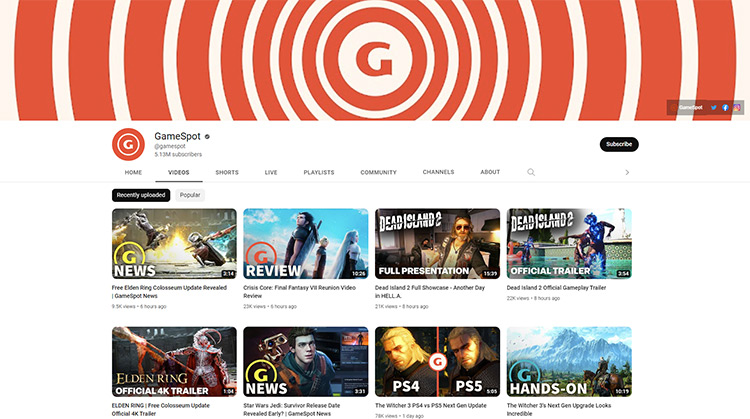 GameSpot YouTube channel page screenshot