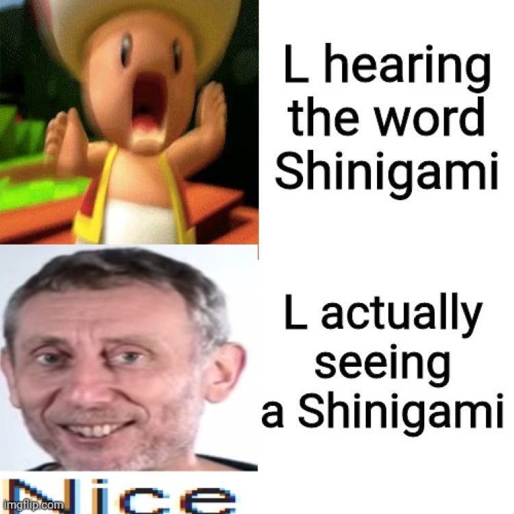 L hearing the word Shinigami, L seeing a Shinigami meme