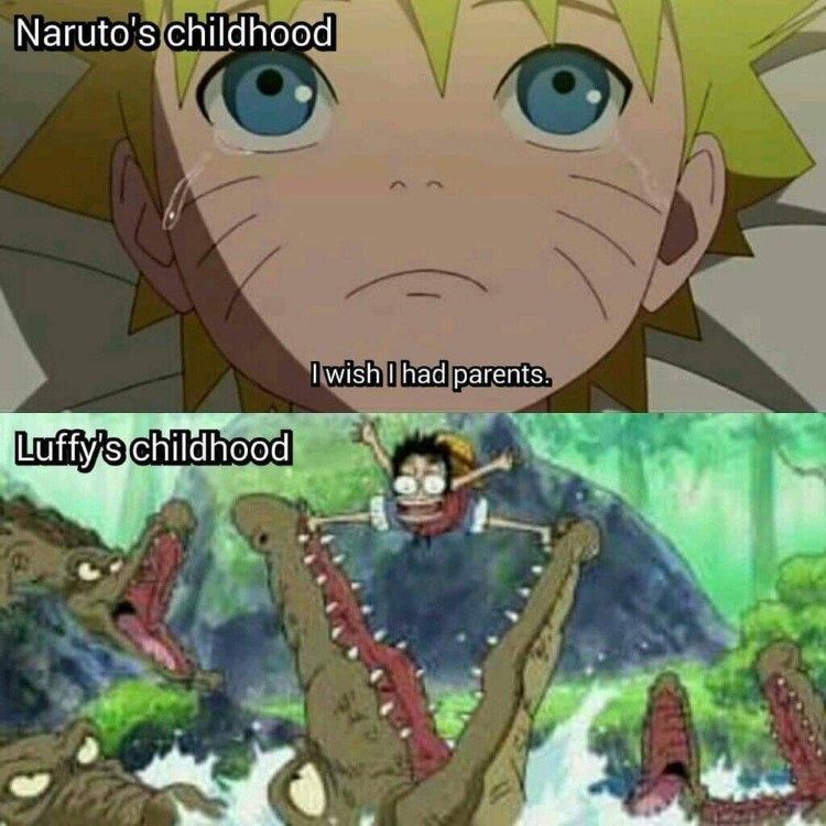 Naruto's childhood vs. Luffy's childhood meme