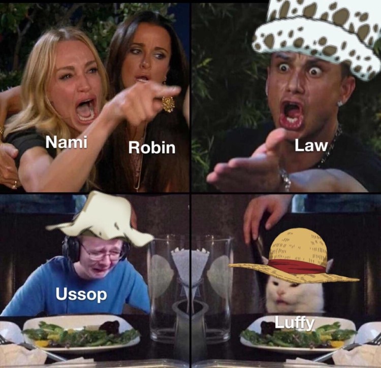 Nami, Robin, Law, Ussop, and Luffy meme