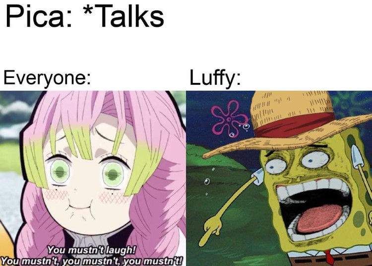 Luffy yelling Spongebob laughter, One Piece meme