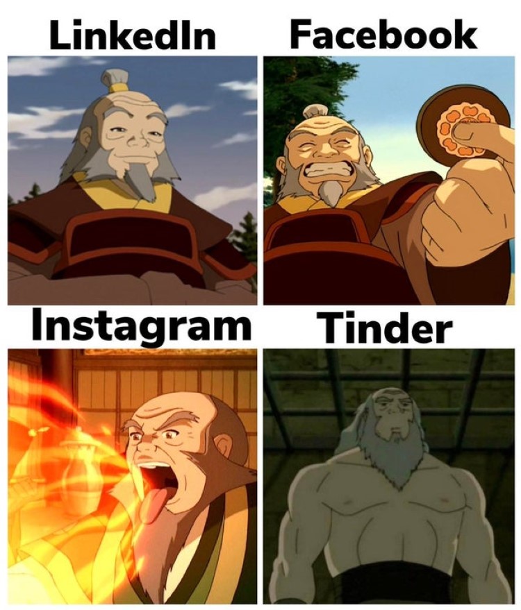 LinkedIn Facebook Instagram Tinder Iroh Avatar Airbender meme