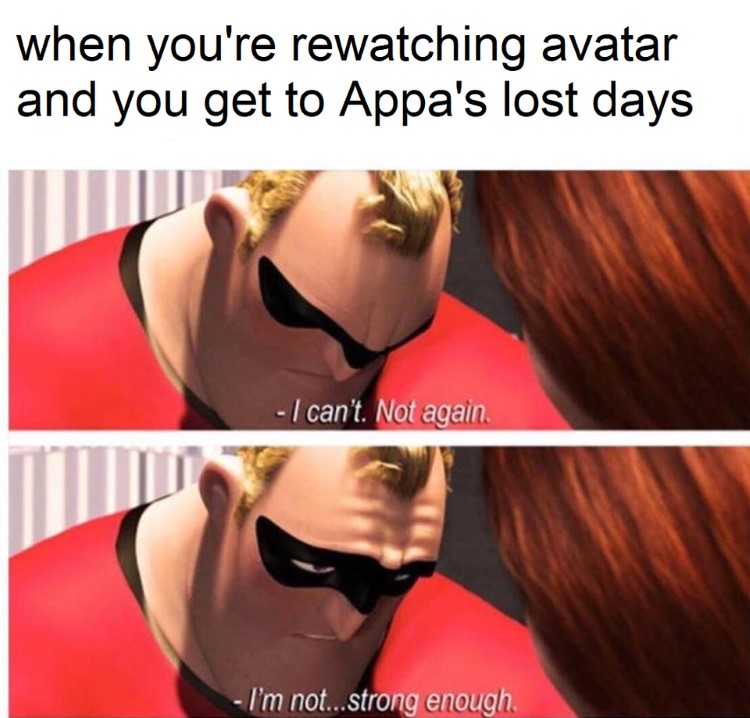 Rewatching Avatar getting to Appas lost days meme