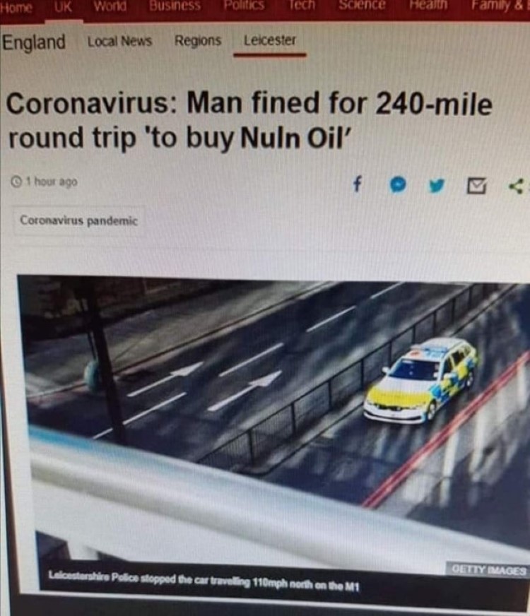 Man fined for 240-mile trip to buy Nuln Oil, news article meme