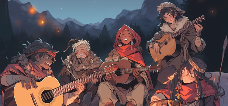 Bard characters around a campfire